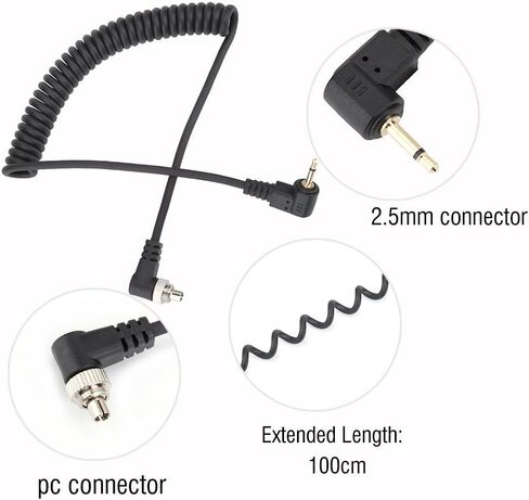 Yunir 2.5mm Flash Sync Cord Male to PC Cable ، كابل مزامنة فلاش ملفوف محترف مع قفل المسمار للكاميرا ومشغل الفلاش ، إضاءة متكاملة ، ممتدة إلى 100 سم in Saudi Arabia