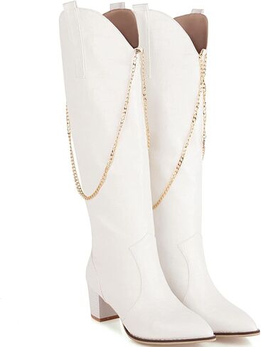 LEHOOR Women Chunky Heel Knee High Western Boots Wide Calf Pointed Toe Crocodile Cowboy Boots Gold Chain V-Cut Pull Up 2" Mid Stacked Heel Long Boots Cowgirl Chic Retro 4-14 M US in Kuwait