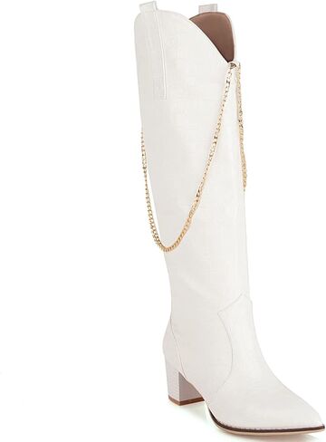 LEHOOR Women Chunky Heel Knee High Western Boots Wide Calf Pointed Toe Crocodile Cowboy Boots Gold Chain V-Cut Pull Up 2" Mid Stacked Heel Long Boots Cowgirl Chic Retro 4-14 M US in Kuwait