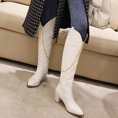 LEHOOR Women Chunky Heel Knee High Western Boots Wide Calf Pointed Toe Crocodile Cowboy Boots Gold Chain V-Cut Pull Up 2" Mid Stacked Heel Long Boots Cowgirl Chic Retro 4-14 M US in Kuwait