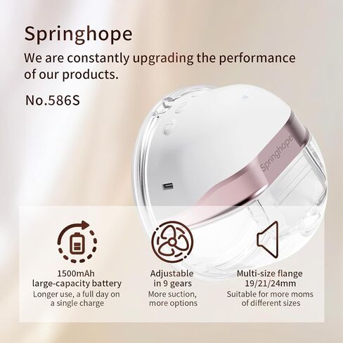 Springhope No.586s مضخة الرضاعة الطبيعية القابلة للارتداء مجانًا مع 4 أوضاع و 9 مستويات تعديل شفط قوي ، مضخة الثدي الكهربائية اللاسلكية 28/24/21/19 ملم ، محمولة ووسبل ، 5 أوقية ، 2 مساءً in Saudi Arabia
