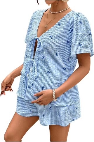 MakeMeChic Women's Boho Maternity 2 Piece Striped Outfits Bow Print Short Sleeve Blouse and Shorts Pregnancy Set Blue Large in Saudi Arabia