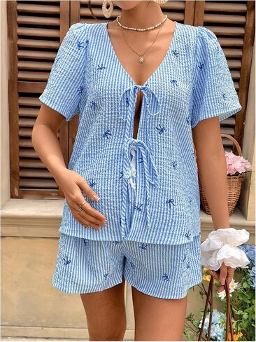 MakeMeChic Women's Boho Maternity 2 Piece Striped Outfits Bow Print Short Sleeve Blouse and Shorts Pregnancy Set Blue Large in Saudi Arabia