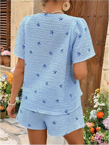 MakeMeChic Women's Boho Maternity 2 Piece Striped Outfits Bow Print Short Sleeve Blouse and Shorts Pregnancy Set Blue Large in Saudi Arabia