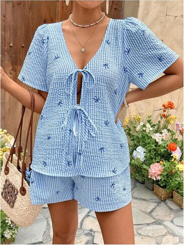 MakeMeChic Women's Boho Maternity 2 Piece Striped Outfits Bow Print Short Sleeve Blouse and Shorts Pregnancy Set Blue Large in Saudi Arabia