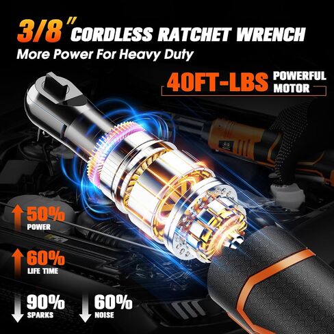 3/8 Inch Cordless Electric Ratchet, 40FT-LBS(54N.m) Ratchet Wrench, 12V Extended Power Ratchet Wrench Set,0-400RPM Variable Speed,LED Light,10 Sockets, 1/4" Adapter,1/2" Adapter,2 Batteries in Saudi Arabia