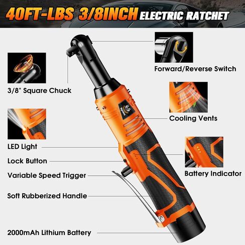 3/8 Inch Cordless Electric Ratchet, 40FT-LBS(54N.m) Ratchet Wrench, 12V Extended Power Ratchet Wrench Set,0-400RPM Variable Speed,LED Light,10 Sockets, 1/4" Adapter,1/2" Adapter,2 Batteries in Saudi Arabia