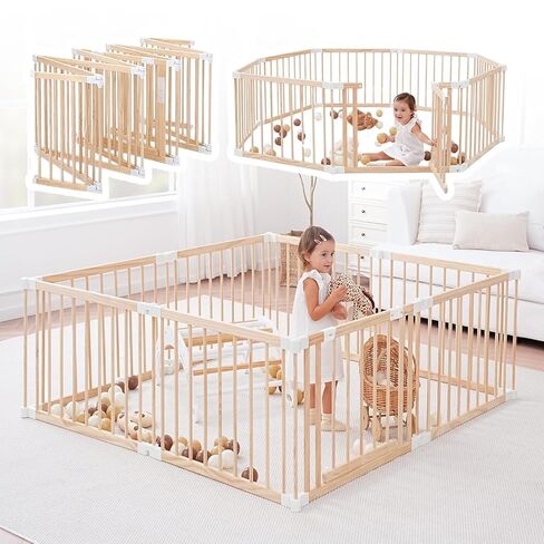 Wooden Playpen & Play Yards للأطفال والأطفال الصغار ، 67 * 67 بوصة قابلة للطي للطفل للعباء مع بوابة قفل ، مركز نشاط الأطفال في الهواء الطلق ، خشب الصنوبر in Kuwait