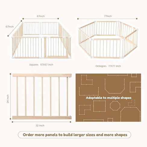 Wooden Playpen & Play Yards للأطفال والأطفال الصغار ، 67 * 67 بوصة قابلة للطي للطفل للعباء مع بوابة قفل ، مركز نشاط الأطفال في الهواء الطلق ، خشب الصنوبر in Kuwait