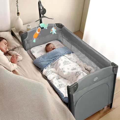 JOYMOR Baby Bedside Bassinet, Baby Bassinet, Pack n Play Convert Playpen, Quick Foldable Travel Bed with Toy, Wheels & Brake, Carry Bag for Boys Girls (Gray) in Saudi Arabia