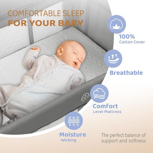 JOYMOR Baby Bedside Bassinet, Baby Bassinet, Pack n Play Convert Playpen, Quick Foldable Travel Bed with Toy, Wheels & Brake, Carry Bag for Boys Girls (Gray) in Saudi Arabia