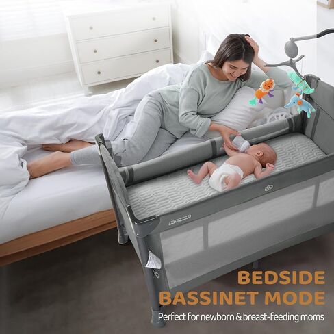 JOYMOR Baby Bedside Bassinet, Baby Bassinet, Pack n Play Convert Playpen, Quick Foldable Travel Bed with Toy, Wheels & Brake, Carry Bag for Boys Girls (Gray) in Saudi Arabia