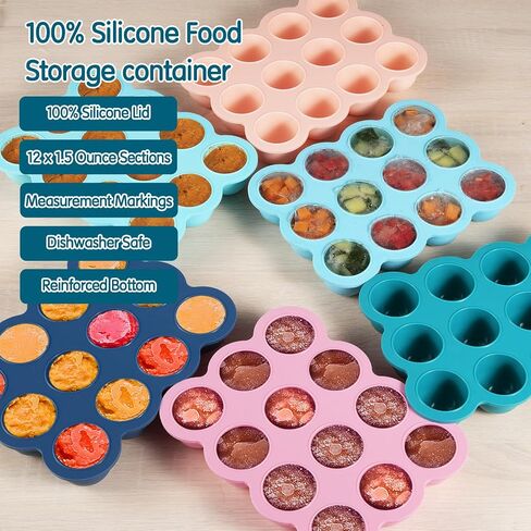 Baby Food Storage 12 x 1.5OZ Silicone Freezer Tray with Lid, Food Grade Silicone Containers for Purees & Vegetables Midnight Blue in Kuwait