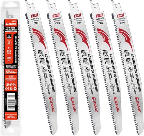EZARC Japanese Teeth Reciprocating Saw Blades for Woodworking, Tri-Edged Fleam Ground Teeth, 8 TPI, 9 Inch, CRV Steel, 5-Pack in Saudi Arabia