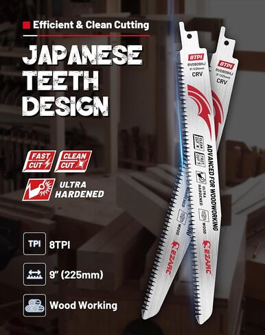 EZARC Japanese Teeth Reciprocating Saw Blades for Woodworking, Tri-Edged Fleam Ground Teeth, 8 TPI, 9 Inch, CRV Steel, 5-Pack in Saudi Arabia