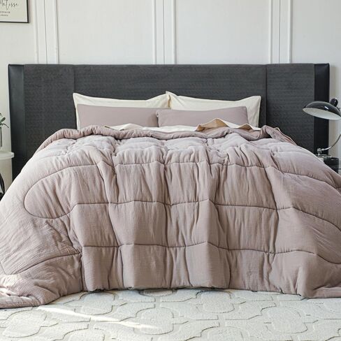 Simple&Opulence 100% Cotton Muslin Comforter Set King Size, 3PCS Washed Cotton Gauze Comforter, Soft Lightweight All Seasons Bedding Sets with 2 Pillow Shams(Grey-Brown,King) in Kuwait