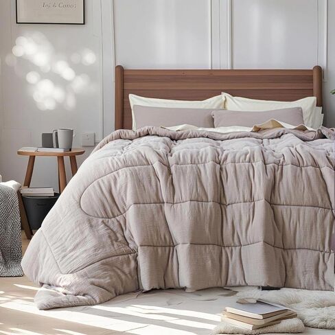 Simple&Opulence 100% Cotton Muslin Comforter Set King Size, 3PCS Washed Cotton Gauze Comforter, Soft Lightweight All Seasons Bedding Sets with 2 Pillow Shams(Grey-Brown,King) in Kuwait