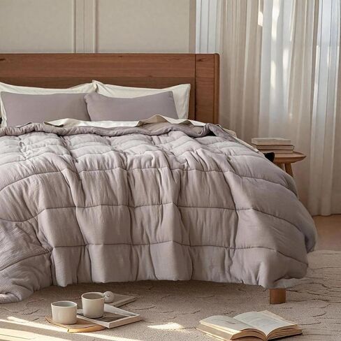 Simple&Opulence 100% Cotton Muslin Comforter Set King Size, 3PCS Washed Cotton Gauze Comforter, Soft Lightweight All Seasons Bedding Sets with 2 Pillow Shams(Grey-Brown,King) in Kuwait