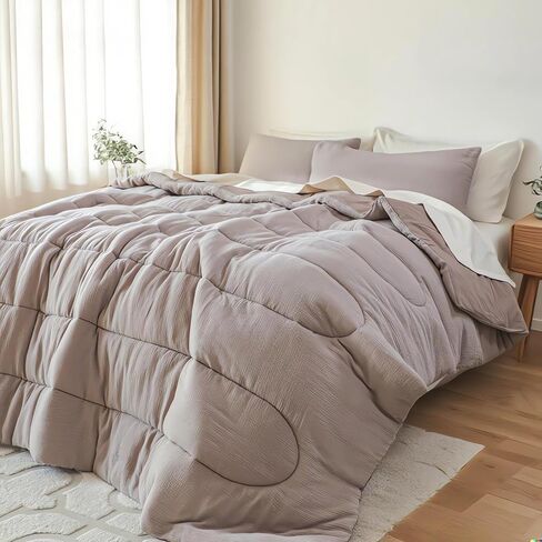 Simple&Opulence 100% Cotton Muslin Comforter Set King Size, 3PCS Washed Cotton Gauze Comforter, Soft Lightweight All Seasons Bedding Sets with 2 Pillow Shams(Grey-Brown,King) in Kuwait