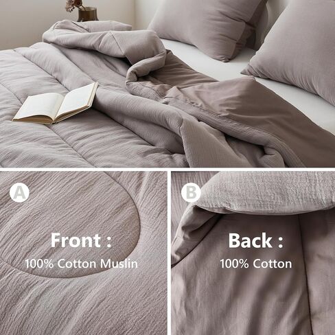 Simple&Opulence 100% Cotton Muslin Comforter Set King Size, 3PCS Washed Cotton Gauze Comforter, Soft Lightweight All Seasons Bedding Sets with 2 Pillow Shams(Grey-Brown,King) in Kuwait