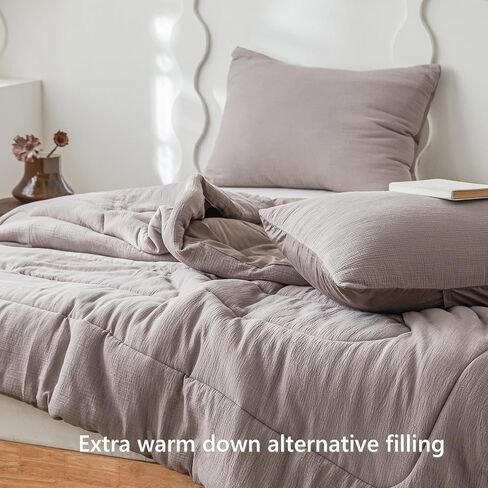 Simple&Opulence 100% Cotton Muslin Comforter Set King Size, 3PCS Washed Cotton Gauze Comforter, Soft Lightweight All Seasons Bedding Sets with 2 Pillow Shams(Grey-Brown,King) in Kuwait