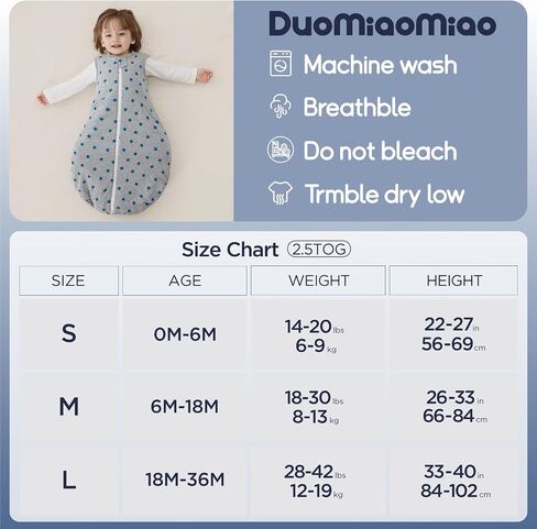 Duomiaomiao 3.5 TOG Baby Sleep Sack 100% Cotton Winter Long Sleeve Baby Wearable Blanket, Super Warm Quilted Comfy Toddler Sleeping Sack in Saudi Arabia
