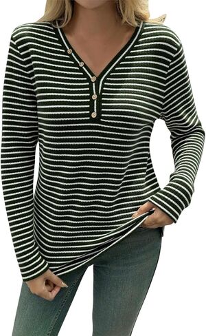 Womens Long Sleeve Ribbed Knit Tops Striped Sweater Button V Neck Dressy Ladies Shirts Business Casual Blouses in Kuwait