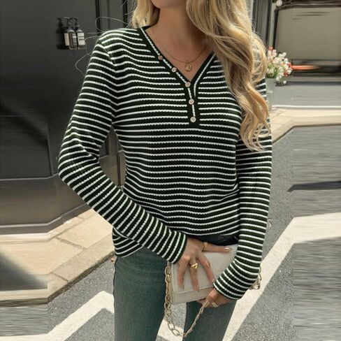 Womens Long Sleeve Ribbed Knit Tops Striped Sweater Button V Neck Dressy Ladies Shirts Business Casual Blouses in Kuwait