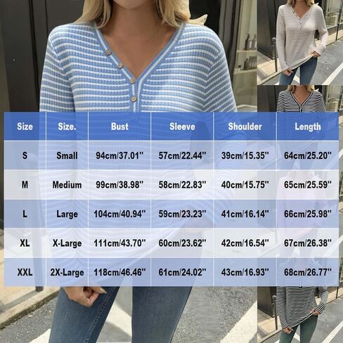 Womens Long Sleeve Ribbed Knit Tops Striped Sweater Button V Neck Dressy Ladies Shirts Business Casual Blouses in Kuwait