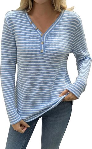 Womens Long Sleeve Ribbed Knit Tops Striped Sweater Button V Neck Dressy Ladies Shirts Business Casual Blouses in Kuwait