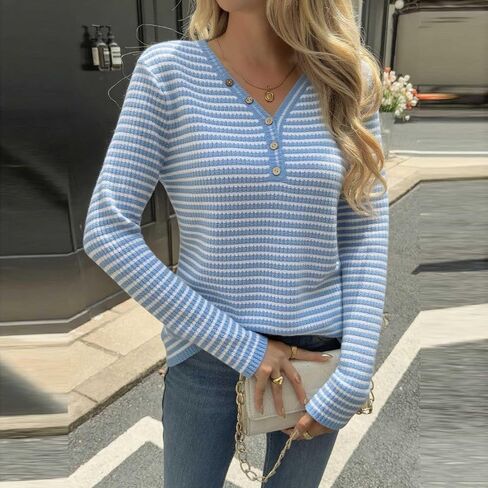 Womens Long Sleeve Ribbed Knit Tops Striped Sweater Button V Neck Dressy Ladies Shirts Business Casual Blouses in Kuwait