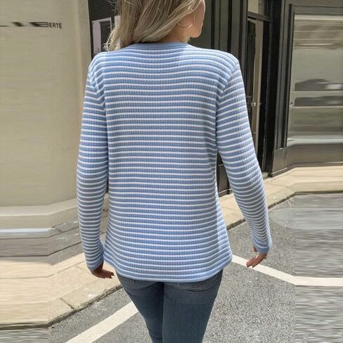 Womens Long Sleeve Ribbed Knit Tops Striped Sweater Button V Neck Dressy Ladies Shirts Business Casual Blouses in Kuwait