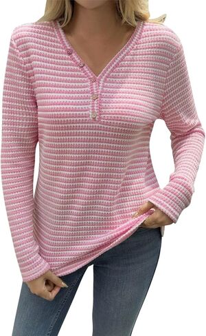 Womens Long Sleeve Ribbed Knit Tops Striped Sweater Button V Neck Dressy Ladies Shirts Business Casual Blouses in Kuwait