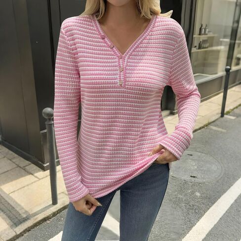 Womens Long Sleeve Ribbed Knit Tops Striped Sweater Button V Neck Dressy Ladies Shirts Business Casual Blouses in Kuwait