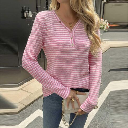 Womens Long Sleeve Ribbed Knit Tops Striped Sweater Button V Neck Dressy Ladies Shirts Business Casual Blouses in Kuwait