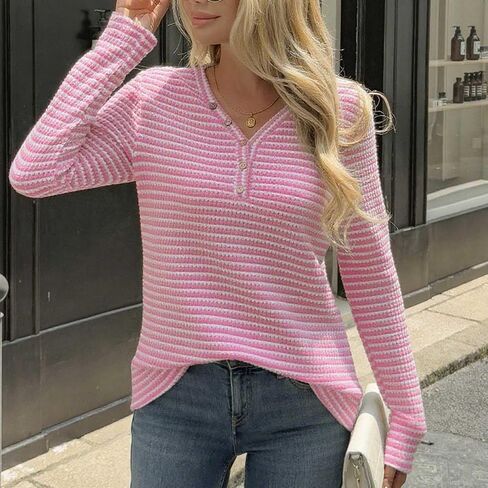 Womens Long Sleeve Ribbed Knit Tops Striped Sweater Button V Neck Dressy Ladies Shirts Business Casual Blouses in Kuwait