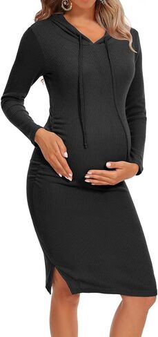 WOOXIO Women's Knit Split Maternity Dress Long Sleeve Ruched Pregnancy Clothes Hoodie Dress in Kuwait