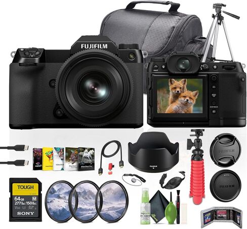 Fujifilm GFX 50S II مع GF35-70MM متوسطة التنسيق عدسة الكاميرا بدون مرآة باقة مع 64GB SF-M سلسلة صعبة UHS-II SDXC بطاقة + 62 مم مجموعة مرشح عالية الدقة + ترايبود + المزيد in Saudi Arabia