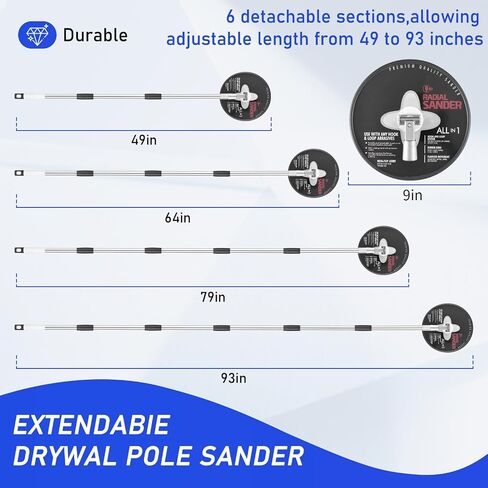 Pole Sander for Drywall, 9-Inch Radial Wall and Ceiling Sanding Machine with 93 Inch Adjustable Rod, 360° Rotating Circular Sanding Head for Easy Surface Smoothing, Perfect for Paint Preparation in Saudi Arabia