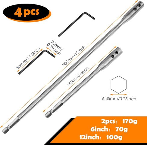 Hotop 4 قطع 1/4 تمديد تمديد بتات مجموعة الحفر بخشب الحفر امتداد ، 6 و 12 بوصة مع مفتاح 2 قطع ، استخدم مع أجهزة خشبية الصلب عالي الكربون in Saudi Arabia