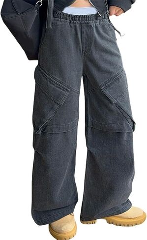 Teen Boys Cargo Jeans Girls Baggy Y2k Skater Vintage Plain Pants Multiple Pockets Kids Wide Leg Loose Fit Denim Trouser Jean in Saudi Arabia