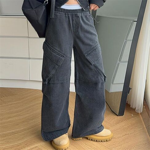 Teen Boys Cargo Jeans Girls Baggy Y2k Skater Vintage Plain Pants Multiple Pockets Kids Wide Leg Loose Fit Denim Trouser Jean in Saudi Arabia