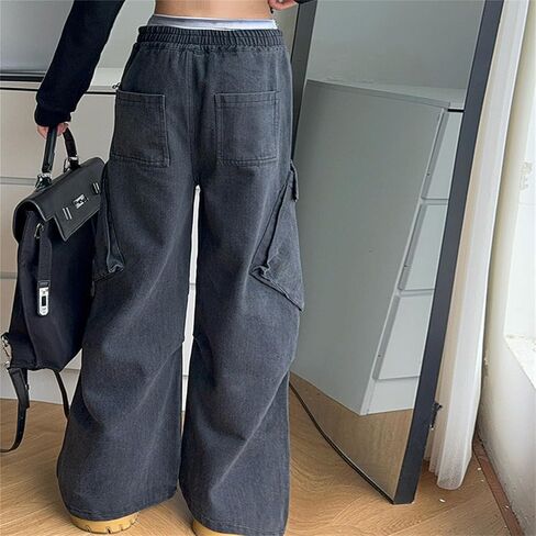 Teen Boys Cargo Jeans Girls Baggy Y2k Skater Vintage Plain Pants Multiple Pockets Kids Wide Leg Loose Fit Denim Trouser Jean in Saudi Arabia