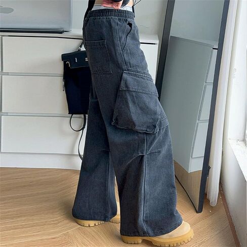 Teen Boys Cargo Jeans Girls Baggy Y2k Skater Vintage Plain Pants Multiple Pockets Kids Wide Leg Loose Fit Denim Trouser Jean in Saudi Arabia