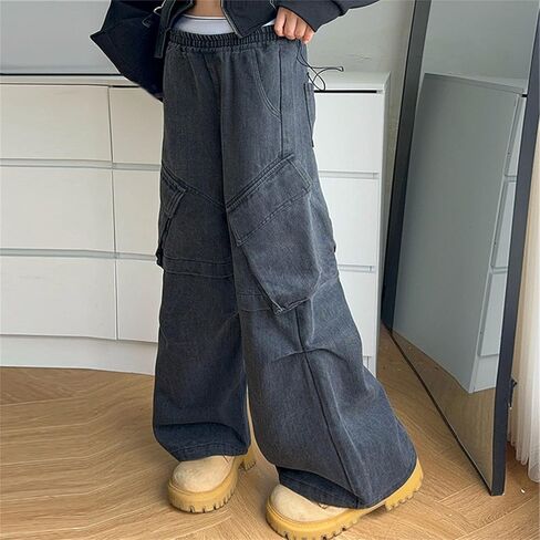 Teen Boys Cargo Jeans Girls Baggy Y2k Skater Vintage Plain Pants Multiple Pockets Kids Wide Leg Loose Fit Denim Trouser Jean in Saudi Arabia
