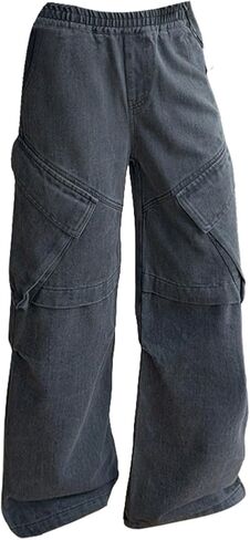 Teen Boys Cargo Jeans Girls Baggy Y2k Skater Vintage Plain Pants Multiple Pockets Kids Wide Leg Loose Fit Denim Trouser Jean in Saudi Arabia