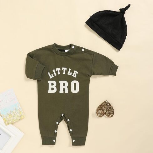 Newborn Boy Fall Winter Outfits Baby Boy Soft Cotton Romper Little Bro Print Jumpsuit Coming Home Clothes with Hat in Saudi Arabia