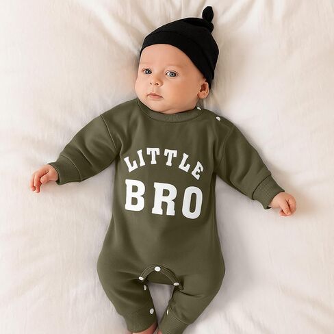 Newborn Boy Fall Winter Outfits Baby Boy Soft Cotton Romper Little Bro Print Jumpsuit Coming Home Clothes with Hat in Saudi Arabia