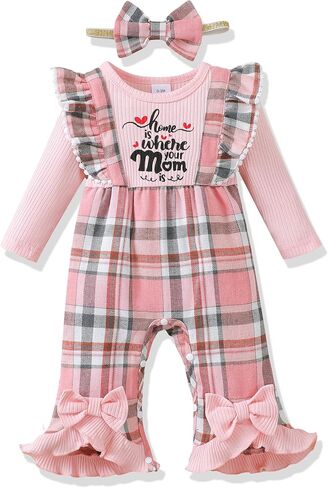 Renotemy Newborn Baby Girl Clothes Fall Winter Outfit Ribbed Romper Plaid Overalls Jumpsuit Infant Girl Outfits 0-18 Months in Saudi Arabia