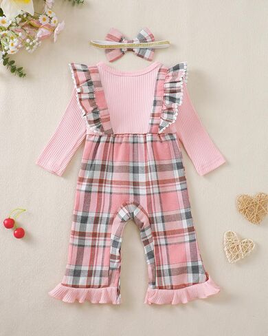 Renotemy Newborn Baby Girl Clothes Fall Winter Outfit Ribbed Romper Plaid Overalls Jumpsuit Infant Girl Outfits 0-18 Months in Saudi Arabia